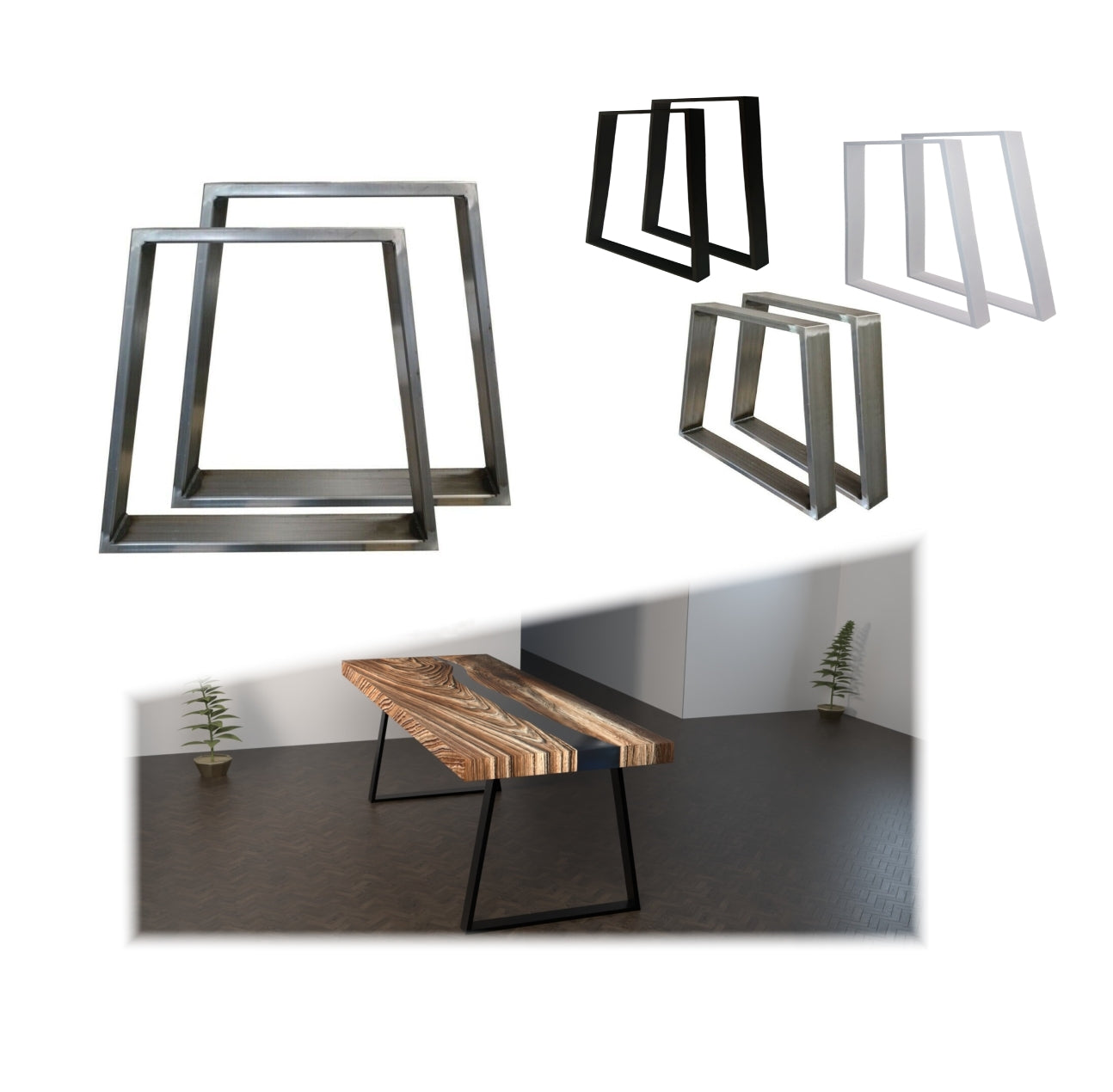 Stabile Tischgestelle TR3 in Trapez Form, schräg, Stahlrahmen 80x20 mm, Pulverbeschichtung nach Wunsch oder im Industriedesign, anpassbare Größen